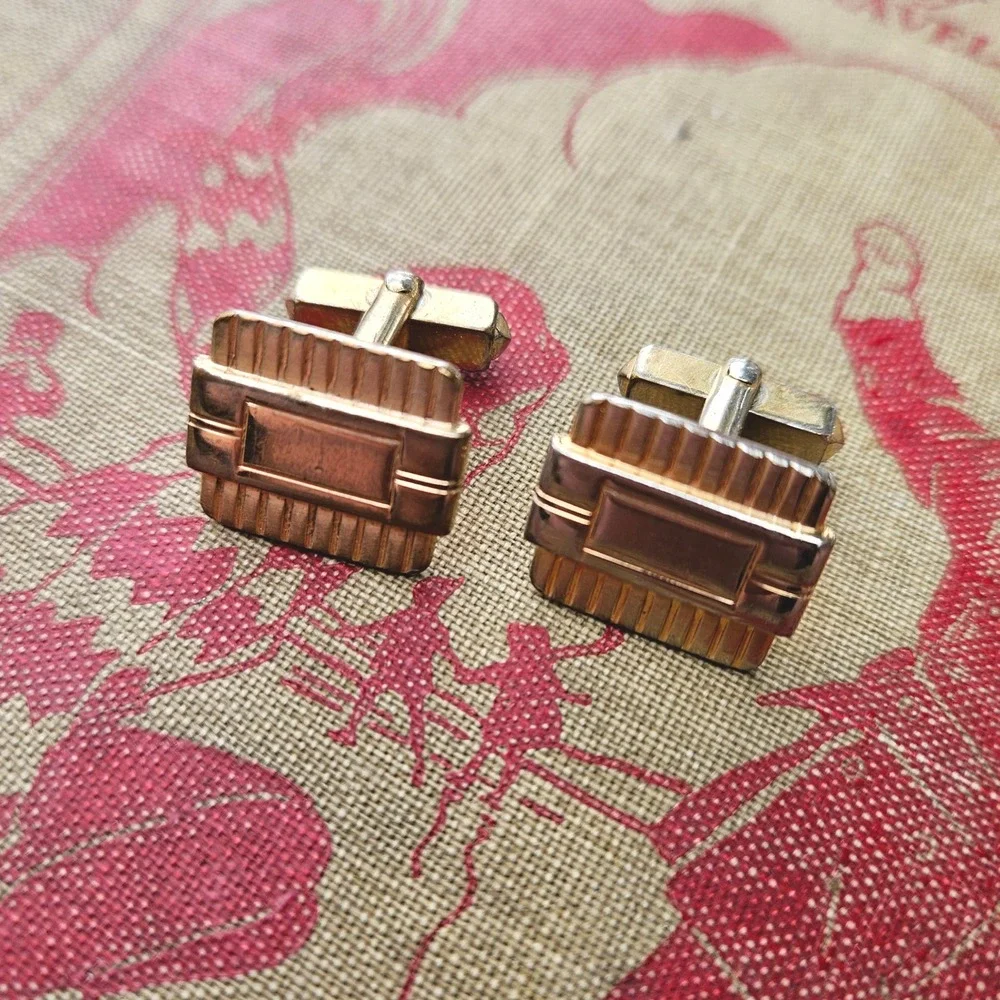Vintage 20s 30s Gold Tone Art Deco Ribbed Rectangular Cufflinks Mens Formal